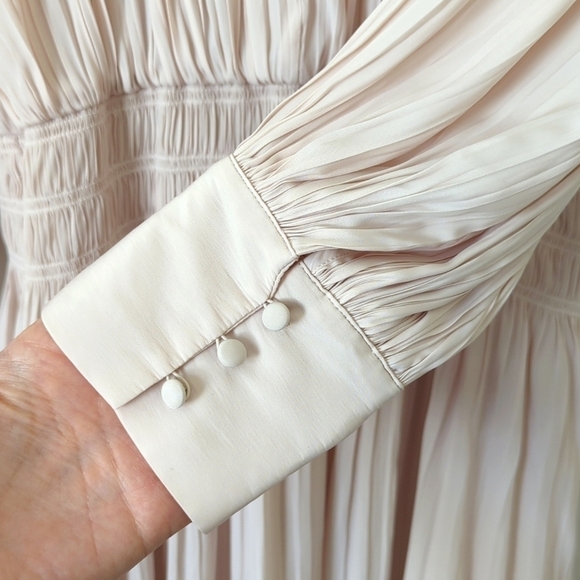 Joie Rheia Silky Pleated Long Balloon Sleeve Blouson A-Line Midi Dress Cream S - Picture 9 of 15